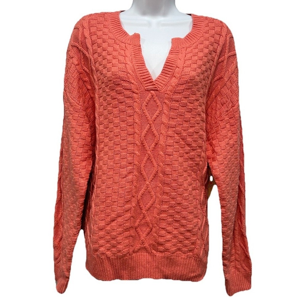 St. John's Bay Pull Over Cable Knit Sweater Size XL Coral Pink Long Sleeves NWT